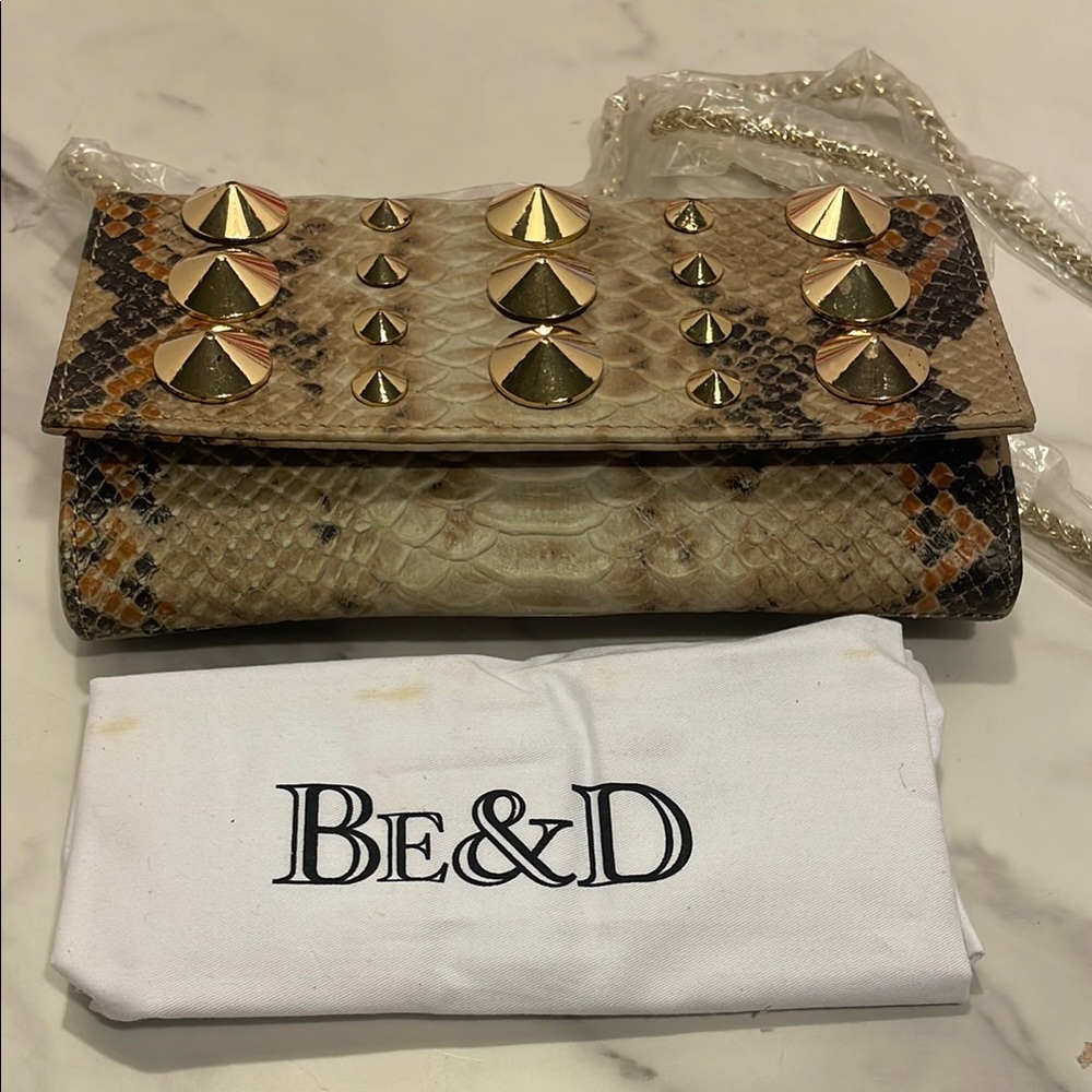 NWOT BE&D Gold-Studded Snake-Print Crossbody in Natural Brown
